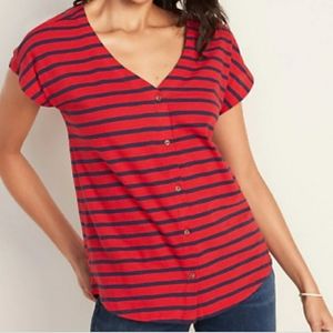 Striped Button Front V-Neck Tee